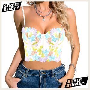 Sexy Embroidered Floral Corset Crop Top Adjustable Spaghetti Strap Bustier